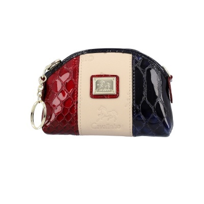 Carteira pequena tricolor em verniz com padrão de pele de crocodilo e placa metálica Cavalinho