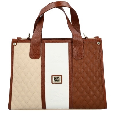 Mala de mão bicolor com detalhes em couro e placa com logótipo.