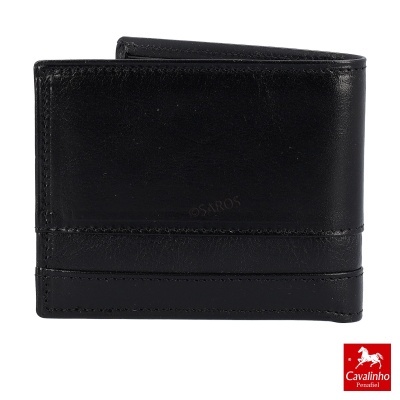Carteira masculina preta de pele com costuras e logo Cavalinho Penafiel