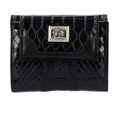 Carteira preta brilhante com padrão pele de crocodilo e placa metálica Cavalinho