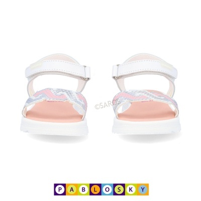 Sandálias infantis brancas e rosas Pablosky com sola branca e detalhes prata, vista frontal