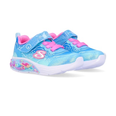 Ténis infantis azuis com detalhes rosa e estampas de sereias
