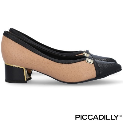 Sapatos rosa com biqueira preta e salto médio preto com detalhes dourados