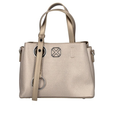Mala de mão bege com argolas metálicas e alças duplas