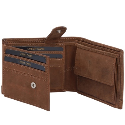 Carteira castanha aberta com cartões de crédito e compartimentos vários