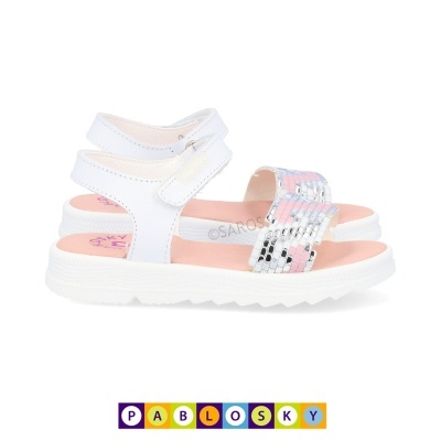 Sandálias infantis brancas com lantejoulas prateadas e rosa