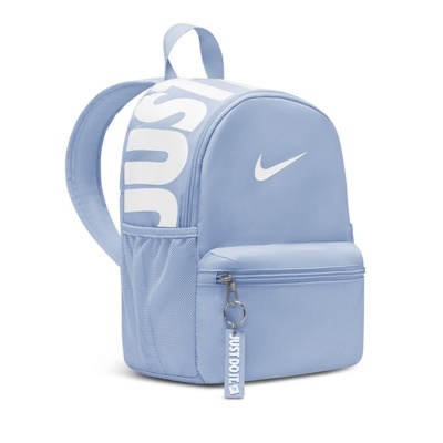 Mochila azul claro Nike com logótipo branco e acessório com texto JUST DO IT.