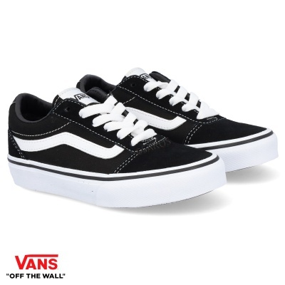 Sapatilhas Vans pretas com detalhes brancos e sola branca, com logótipo Vans 'OFF THE WALL'