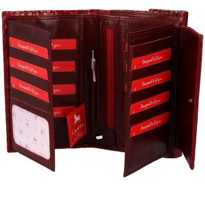 Carteira de senhora em couro vermelho com várias divisórias e etiquetas vermelhas