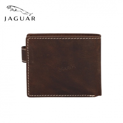Carteira de pele castanha escura com costuras brancas e texto OSARIOS