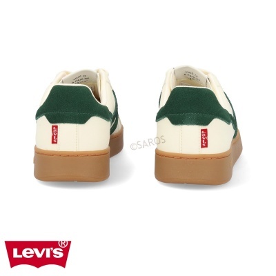 Sapatilhas Levi's brancas com detalhes verdes e sola castanha, vista de trás