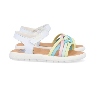Sandálias coloridas para criança com tiras em vários tons pastel e fecho branco