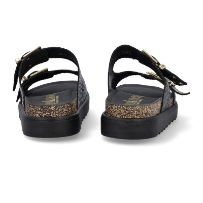 Sandálias pretas com fivela dourada e palmilha de cortiça