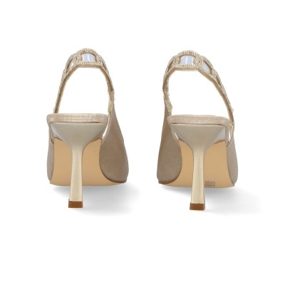 Sandálias douradas com salto alto e strass vistas de trás