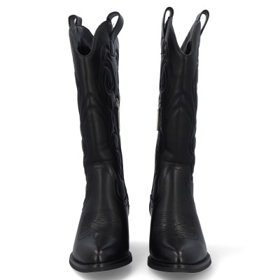 Botas cowboy pretas em couro sintético com bordados e solado preto