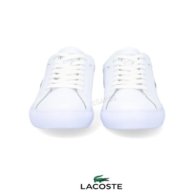 Ténis unissexo Lacoste brancos de frente com sola e atacadores brancos