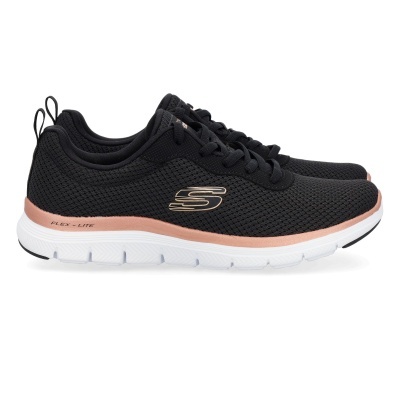 Sapatilhas pretas com sola branca e detalhes rosas, logótipo dourado Skechers