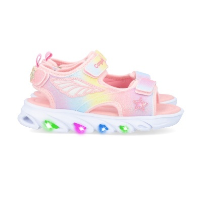 Sandálias infantis cor-de-rosa com luzes coloridas na sola