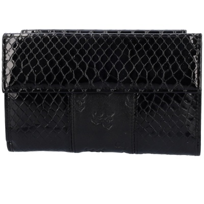 Carteira preta com textura de escamas e relevo central