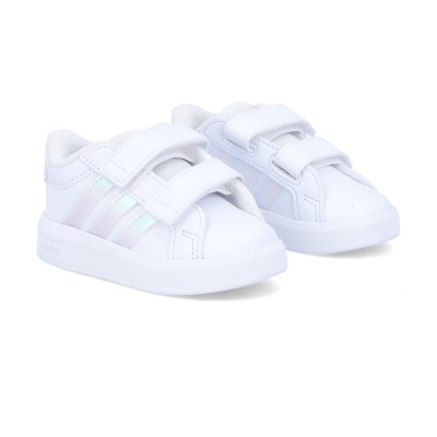 Sapatilhas infantis Adidas brancas com velcro e riscas iridescentes