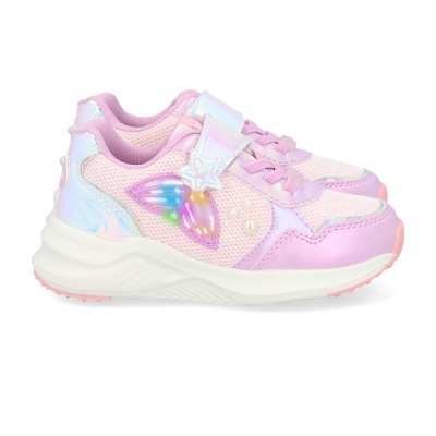 Ténis infantis cor-de-rosa com detalhes lilás e asa de borboleta multicolorida