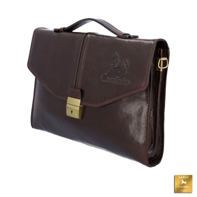 Pasta executiva em pele castanha escura com fecho dourado e logótipo Cavalinho