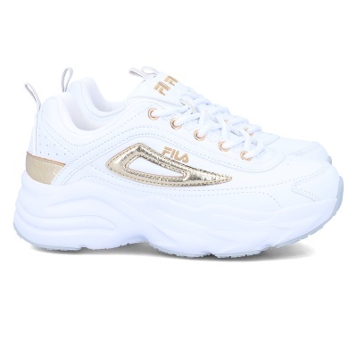 Ténis desportivos Fila brancos com detalhes dourados e solado alto branco