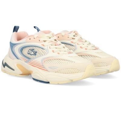 Sapatilhas desportivas creme com detalhes azuis e rosa e padrão de riscas