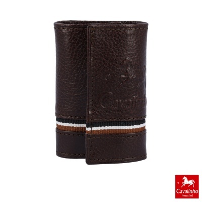 Carteira de pele castanha escura com faixa tricolor e logótipo Cavalinho