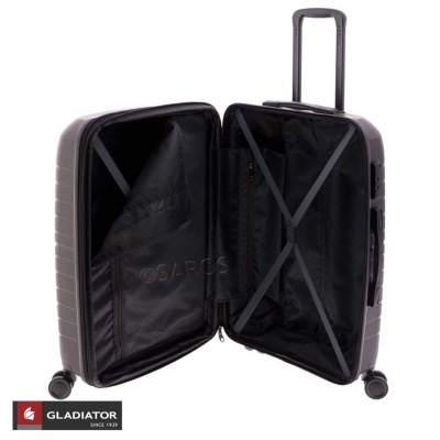 Mala de viagem rígida cinza escuro aberta com interior preto