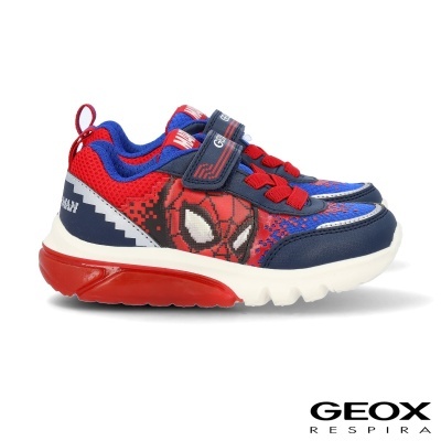 Ténis infantis Geox azul, vermelho e branco com padrão Homem-Aranha