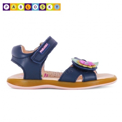 Sandália infantil azul escura com enfeite floral e fecho de velcro