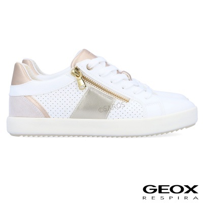 Tênis Geox branco com detalhes dourados e rosa, fecho com atacadores e zíper dourado
