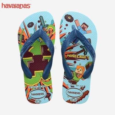 Chinelos havaianas com estampa Minecraft e tiras azuis