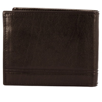 Carteira masculina em pele castanha escura com linhas decorativas horizontais