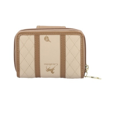 Carteira pequena bege e castanha com fecho metálico e logo Cavalinho