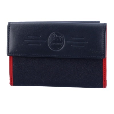 Carteira preta e vermelha com aba em pele e detalhe em relevo de cavalo