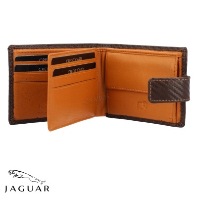 Carteira de pele castanha com múltiplos compartimentos para cartões e fecho de aba