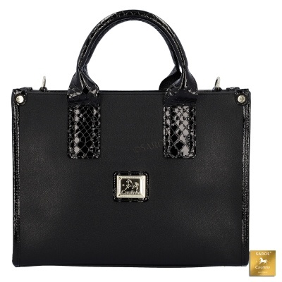 Mala preta quadrada com alças e detalhes em pele verniz preta