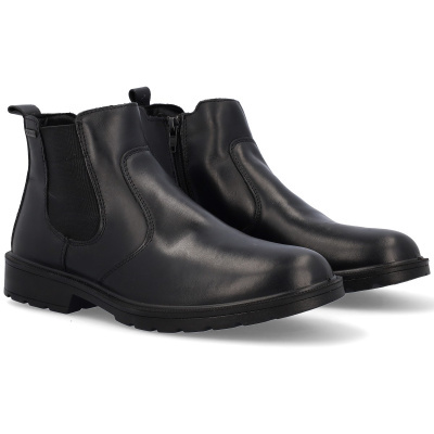 Botins Chelsea pretos em pele com elásticos laterais e fecho