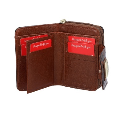 Carteira de couro castanho com compartimentos para cartões e fecho dourado