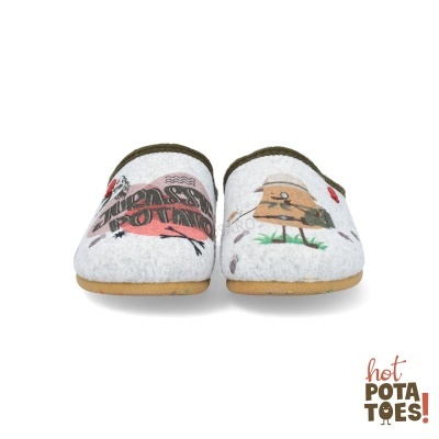 Chinelos de casa cinzentos com estampas coloridas e sola castanha