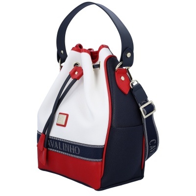 Saco mochila azul, branco e vermelho com detalhes vermelhos e alça larga ajustável