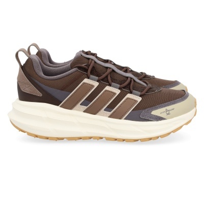 Sapatilhas desportivas castanho e bege com sola branca e texto WATER REPELLENT