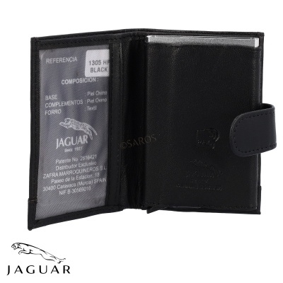 Carteira preta Jaguar de pele com fecho por botão e interior visível com etiqueta