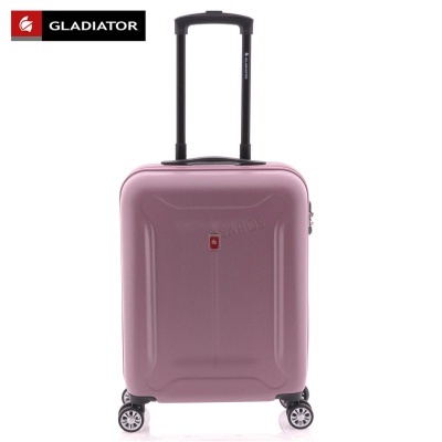 Mala de viagem rígida rosa com quatro rodas e puxador telescópico