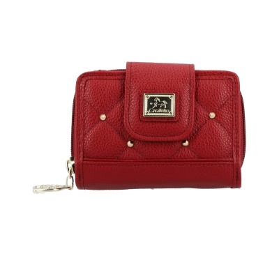 Carteira vermelha de pele com fecho e placa metálica