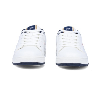 Ténis brancos com detalhes em azul e amarelo e sola azul escuro