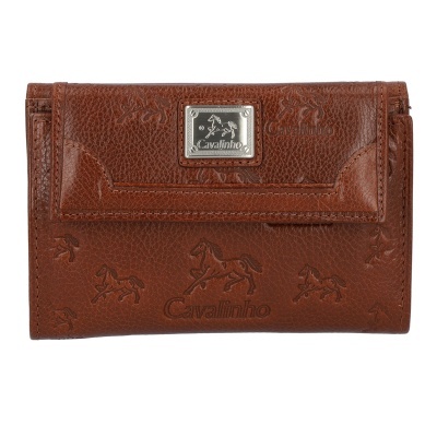 Carteira em pele castanha com padrão de cavalos e detalhe metálico Cavalinho