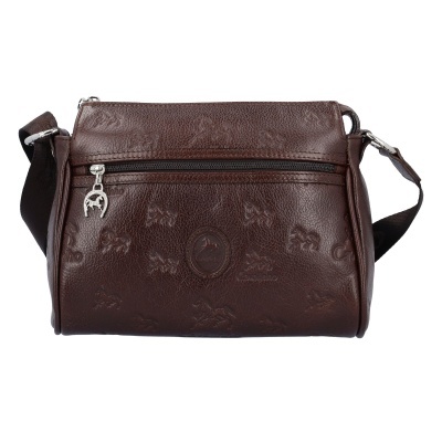 Bolsa de ombro castanha em couro com padrão de cavalos e fecho frontal